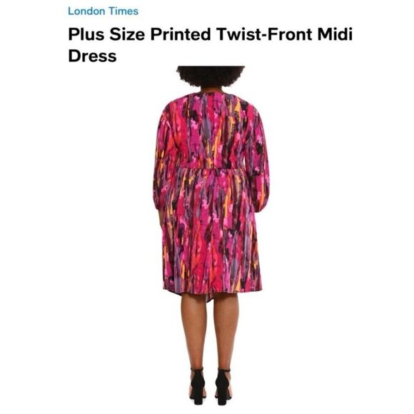 London Times Twisted Front 3/4 Sleeve A-Line Dress Berry Multi Print Size 16 - Picture 6 of 16